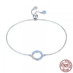 Genuine 100% 925 Sterling Silver Fashion Round Circle Light Blue Enamel Chain Link Bracelet Women Luxury Jewelry SCB041 BRACE-0065