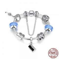 925 Sterling Silver Women Handbag, Heart Lock Key ,Light Blue Glass Beads Charm Bracelet Sterling Silver Jewelry PSB015 BRACE-0058