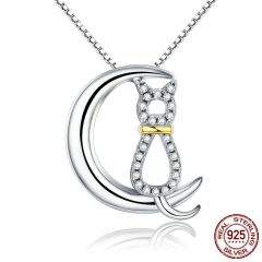Hot Sale Authentic 925 Sterling Silver Fashion Moon Cat Women Necklaces Clear CZ Luxury Sterling Silver Jewelry SCN122 NECK-0075