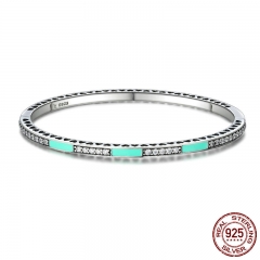 Authentic 100% 925 Sterling Silver Radiant Hearts, Light Green Enamel & Clear CZ Bangle & Bracelet Luxury Jewelry SCB016 BRACE-0036