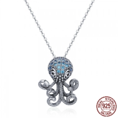 100% 925 Sterling Silver Fancy Octopus Marine Animal Clear CZ Pendant Necklace Vintage Punk Style Silver Jewelry SCN166 NECK-0116