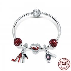 Authentic 925 Sterling Silver Red Enamel Heart Women Shoes Cosmetic Bracelets & Bangles for Women Silver Jewelry SCB802 BRACE-0098