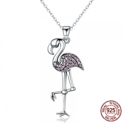 925 Sterling Silver Popular Flamin Bird Animal Pendant Necklaces with Clear Pink CZ Women Luxury Jewelry Brincos SCN093 NECK-0063