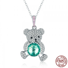 Trendy 925 Sterling Silver Pendant Crystal Cute Bear Green CZ Necklaces for Women Silver Necklace Jewelry Gift SCN265 NECK-0193