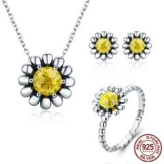 Authentic 100% 925 Sterling Silver Daisy Flower Yellow CZ Earrings Necklace Jewelry Set Sterling Silver Jewelry ZHS048 SET-0036