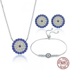 Authentic 925 Sterling Silver Round Blue Eyes Clear CZ Tennis Bracelets Necklaces Earrings Women Bridal Jewelry Sets SET-0017
