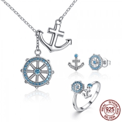 Authentic 925 Sterling Silver Blue Anchor & Rudder Pendants & Necklaces Jewelry Sets Sterling Silver Jewelry -ZHS035 SET-0009