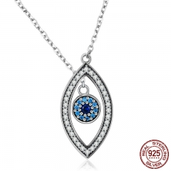 High Quality 100% 925 Sterling Silver Lucky Blue Eyes Long Chain Pendant Necklaces for Women Silver Jewelry Gift SCN236 NECK-0177