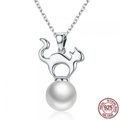 New Arrival 925 Sterling Silver Cute Cat Simulated Pearl Pendant Necklaces Women Sterling Silver Jewelry Brincos SCN095 NECK-0060