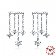 Genuine 925 Sterling Silver Twinkling Star Long Tassel Chain Drop Earrings for Women Sterling Silver Jewelry SCE410 EARR-0535