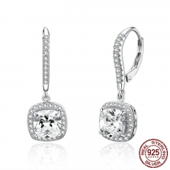 Authentic 925 Sterling Silver Dazzling Cubic Zircon Square Geometric Drop Earrings for Women Wedding Jewelry 	520 EARR-0593