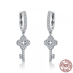 Genuine 925 Sterling Silver Clover Love Key Dazzling Crystal Drop Earrings for Women Wedding Silver Jewelry SCE521 EARR-0595