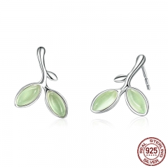 Real 925 Sterling Silver Hope Leaves Tree Green Buds Small Stud Earrings for Women Authentic Silver Jewelry SCE465 EARR-0549