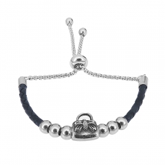 Stainless Steel Women Adjustable Black Leather Charm Bracelet SL026