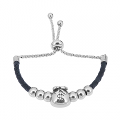 Stainless Steel Women Adjustable Black Leather Charm Bracelet SL023