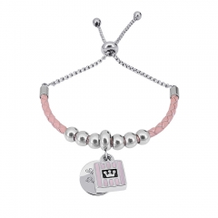 Stainless Steel Women Adjustable PinkLeather Charm Bracelet SL072
