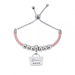 Stainless Steel Women Adjustable PinkLeather Charm Bracelet SL066
