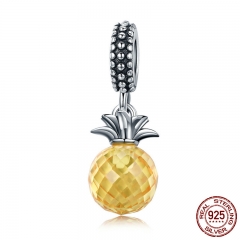 925 Sterling Silver Summer Yellow Crystal Pineapple CZ, Pendant Beads fit Charm Bracelet DIY Jewelry Gift SCC150 CHARM-0263