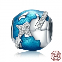 Genuine 100% 925 Sterling Silver World Traveling &amp; Dazzling CZ Blue Enamel Beads Fit Bracelets Jewelry Gift S925 SCC183 CHARM-0307