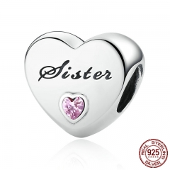 Christmas Gift 100% 925 Sterling Silver Sister's Love, Pink CZ Charms fit Bracelet Beads & Jewelry Makings PSC025 CHARM-0191