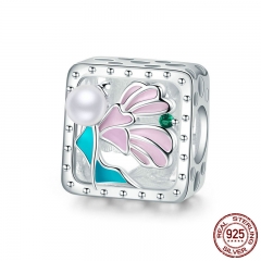 Genuine 100% 925 Sterling Silver Enamel Flower Fairy Charm Square Beads fit Charm Bracelet Bangles Jewelry Making SCC827 CHARM-0889