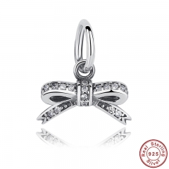 925 Sterling Silver Sparkling Bow knot Pendant Clear CZ Charms fit Bracelets Jewelry Accessory PAS185 CHARM-0034