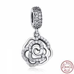 925-Sterling-Silver Rose Flower Charm & Pendant Fit Original Bracelet with Clear CZ Autumn COLLECTION Drop PAS086 CHARM-0009
