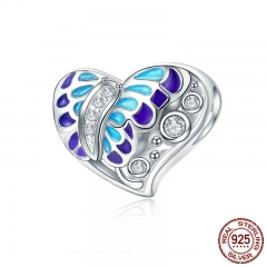 100% 925 Sterling Silver Fantasy Butterfly Colorful Enamel Heart Shape Beads fit Bracelet Necklace Fine Jewelry SCC545 CHARM-0651