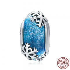 Genuine 925 Sterling Silver Winter Snowflake Blue Murano Glass Beads Fit Charm Bracelets & Bangles DIY Jewelry SCC862 CHARM-0915