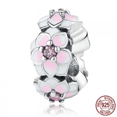 Magnolia Bloom, Pale Cerise Enamel &amp; Pink CZ 925 Sterling Silver Charms fit Bracelets &amp; Bangles Jewelry PSC080 CHARM-0245