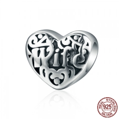 100% 925 Sterling Silver My Darling Wife Engrave Sweet Heart Charm Beads fit Charm Bracelet for Women DIY Jewelry SCC529 CHARM-0594