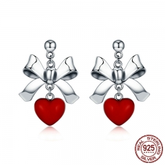 Sweet New 100% 925 Sterling Silver Red Heart with Bowknot Female Stud Earrings for Women Sterling Silver Jewelry SCE355 EARR-0358