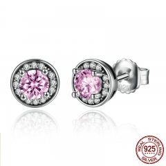 New Arrival 100% 925 Sterling Silver Pink Stone Round Push Back Stud Earrings for Women Fashion Jewelry SCE023-1L EARR-0092