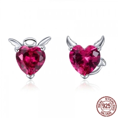 Fashion 925 Sterling Silver Angel And Devil Pink CZ Heart Stud Earrings for Women Sterling Silver Jewelry 2018 SCE414 EARR-0434