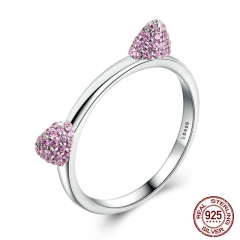 Authentic Real 100% 925 Sterling Silver Cute Cat Ears Pussy Ears,Pink CZ Ring for Women Wedding Jewelry SCR036 RING-0096