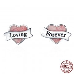 Real 925 Sterling Silver Heart Ribbon &amp; Pink Enamel Female Stud Earrings for Women Sterling Silver Jewelry Gift SCE177 EARR-0194