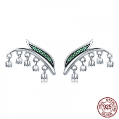 Real 100% 925 Sterling Silver Spring Green Tree Leaves Flower Petal Tassel Stud Earrings for Women Silver Jewelry SCE298 EARR-0321