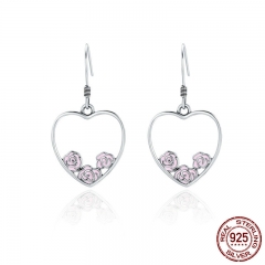 Romantic New 925 Sterling Silver Rose Love in Heart Shape Drop Earrings for Women Authentic Silver Jewelry Bijoux SCE173 EARR-0190