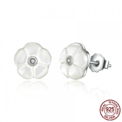 Popular 100% 925 Sterling Silver LUMINOUS FLORALS White Flower Push-Back STUD EARRINGS For Women Fine Jewelry PAS478 EARR-0069
