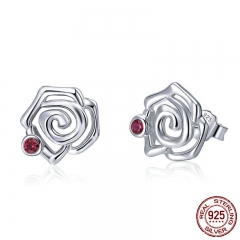 Genuine 925 Sterling Silver Romantic Rose Flower Stud Earrings for Women Pink CZ Fine Sterling Silver Jewelry 2018 BSE006 EARR-0438