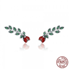 Genuine 100% 925 Sterling Silver Insect Red Ladybug in Tree Leaves Drop Earrings for Women Fine Earrings Jewelry SCE314 EARR-0329