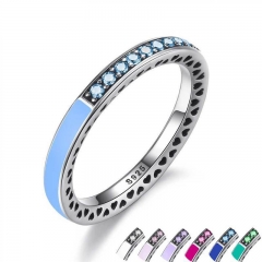 925 Sterling Engagement Silver Radiant Hearts Ring Air Blue Enamel & Sky Blue Synthetic Spinel Women Ring Jewelry PA7620 RING-0101