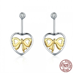 Genuine 925 Sterling Silver Bowknot Heart Shape Drop Earrings for Women Clear CZ Sterling Silver Jewelry Brincos SCE070 EARR-0139