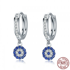Genuine 925 Sterling Silver Round Blue Clear Cubic Zircon Crystal Drop Earrings for Women Authentic Silver Jewelry 	SCE058