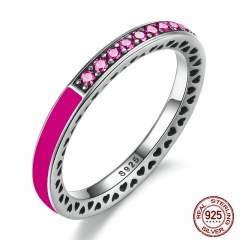 925 Sterling Silver Radiant Hearts Orchid Red Enamel & Cerise Crystals Finger Ring for Women Wedding Jewelry PA7618 RING-0098
