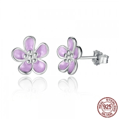 Romantic 925 Sterling Silver Cherry Blossom Stud Earrings, Purple Enamel Earrings for Women Fine Jewelry PAS454 EARR-0060