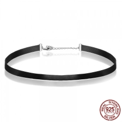 925 Sterling Silver & Black Braid Choker Necklace For Women Chocker Colar Jewelry Accessories 31CM+7CM SCA011 NECK-0035