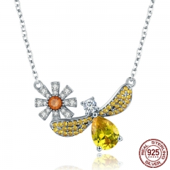 Trendy 100% 925 Sterling Silver Fashion Daisy with Bee Yellow CZ Pendant Necklaces Women Sterling Silver Jewelry SCN242 NECK-0171
