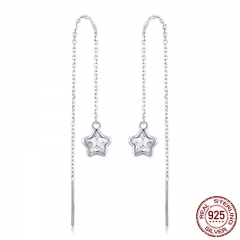 Genuine 925 Sterling Silver Shining Star Long Chain Drop Earrings for Women Clear CZ Wedding Engagement Jewelry SCE470 EARR-0590