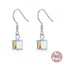 Genuine 925 Sterling Silver Transparent Square Geometric Drop Earrings for Women Authentic Silver Jewelry SCE489 EARR-0532